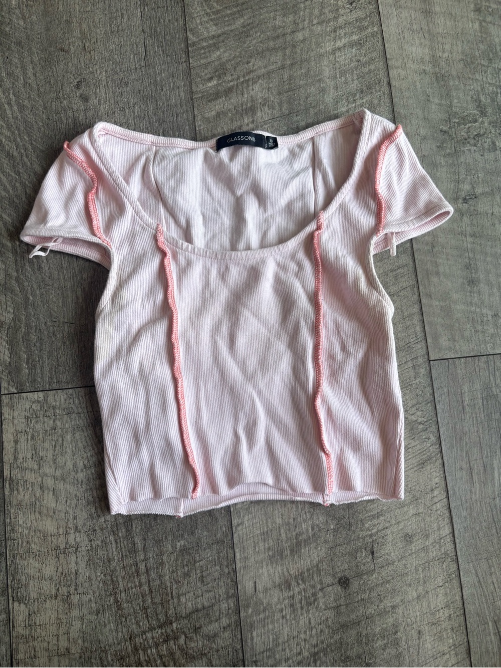 Glassons Light Pink Ribbed Contrast Stitch Crop Top